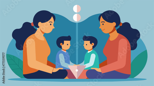 A digital illustration of two family members sitting across from each other their faces mirrored in the center of the page representing their