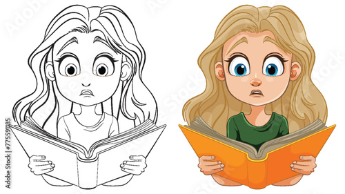 Colorful and line art illustrations of a girl reading