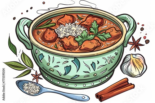 Cartoon cute doodles of a cheerful pot of simmering curry with fragrant spices and rice, Generative AI photo