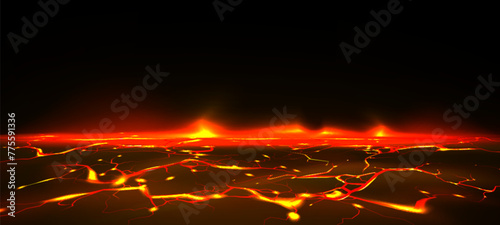 Lava crack texture with fire on ground vector. Hell light effect with red and yellow glow. Hot earthquake pattern with crash and broken terrain surface. Burn floor plasma with flame on bottom fracture