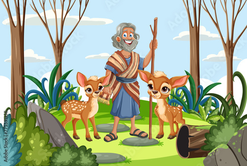 Cheerful old man standing with two young deer