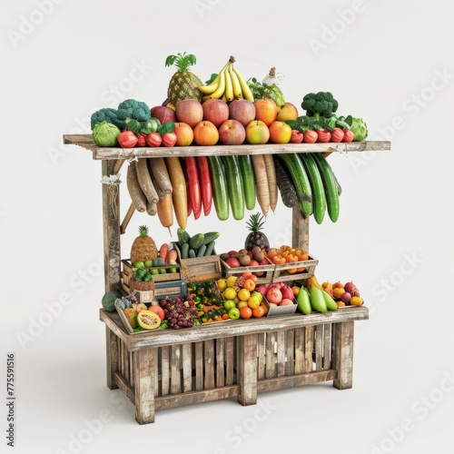 3D Render of a vibrant fruits and vegetables stand showcasing the bounty of the season  on isolated white background  Generative AI