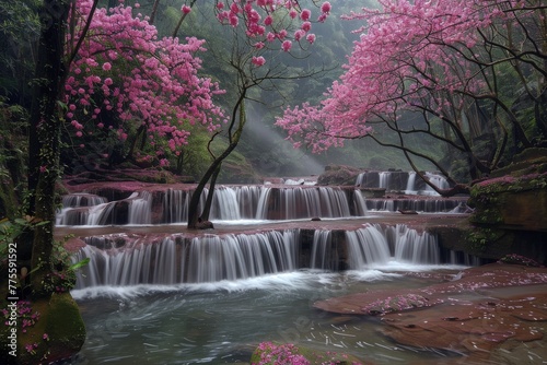 Waterfall With Pink Flowers © Cool Free Games