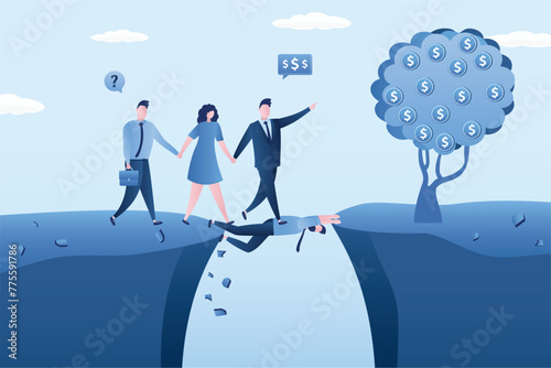 Teamwork, successful group of businessmen overcomes gap between rocks. Manager or employee helps team overcome an obstacles and crisis.