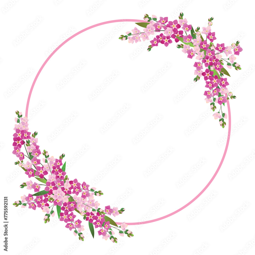 Vector round frame with pink forget-me-nots. Delicate spring flowers and a white background. Template for wedding invitation or congratulations on Mother's Day.