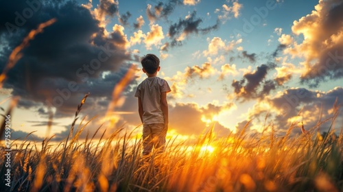 Little boy walking in the meadow with beautiful sky at sunset.