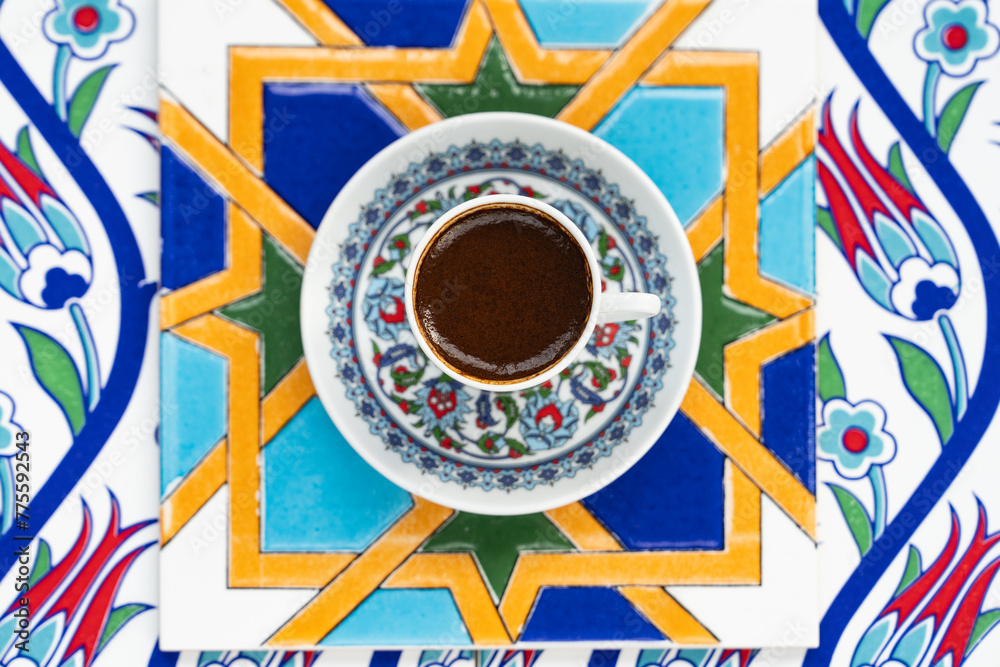 Fototapeta premium Turkish Coffee in the Colorful Ramadan Eid Candy and Chocolate, Traditional Ottoman Cuisine Desserts Photo, Üsküdar Istanbul, Turkiye (Turkey)