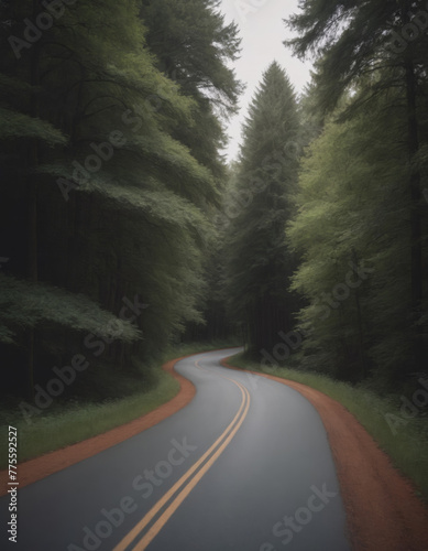 Misty Forest Road Winding through Tall Trees