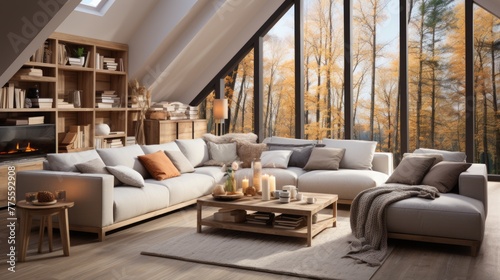 A cozy living room with a fireplace and a view of the autumn forest © Adobe Contributor