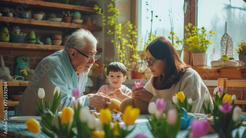 The elderly couple, young boy, and fruit are at the table sharing natural foods while decorating Easter eggs. Its a fun and festive art event in the room AIG42E