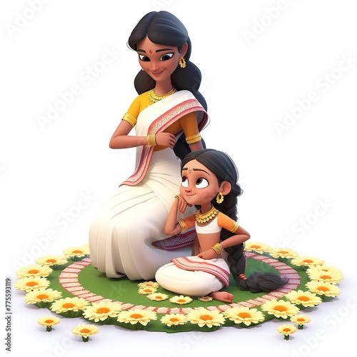 Cartoon style illustration of a mother and daughter making colourful arrangement with flowers. Concept for Onam festival in Kerala	 photo