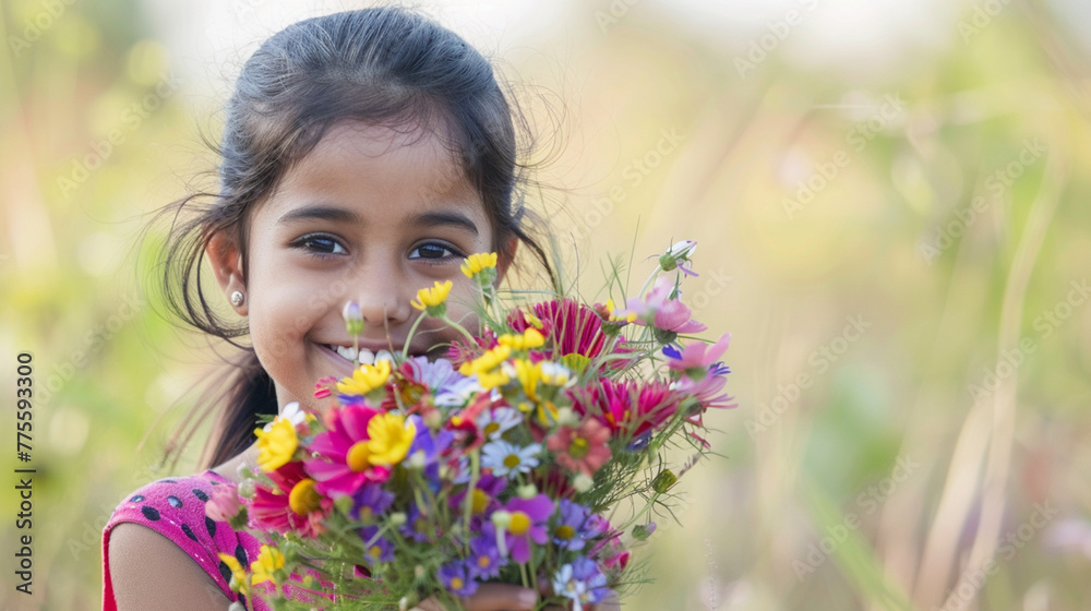 Happy, smiling kid with bunch of colorful flowers for mothers day or birthday celebration. Horizontal banner or background Happy, smiling kid with bunch of colorful flowers for mothers day or birthday celebration. Horizontal banner or background