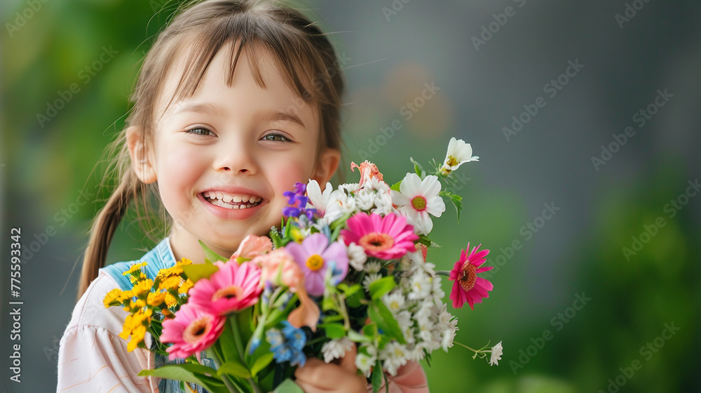 Happy, smiling kid with bunch of colorful flowers for mothers day or birthday celebration. Horizontal banner or background Happy, smiling kid with bunch of colorful flowers for mothers day or birthday celebration. Horizontal banner or background