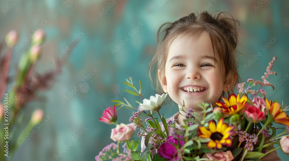 Happy, smiling kid with bunch of colorful flowers for mothers day or birthday celebration. Horizontal banner or background