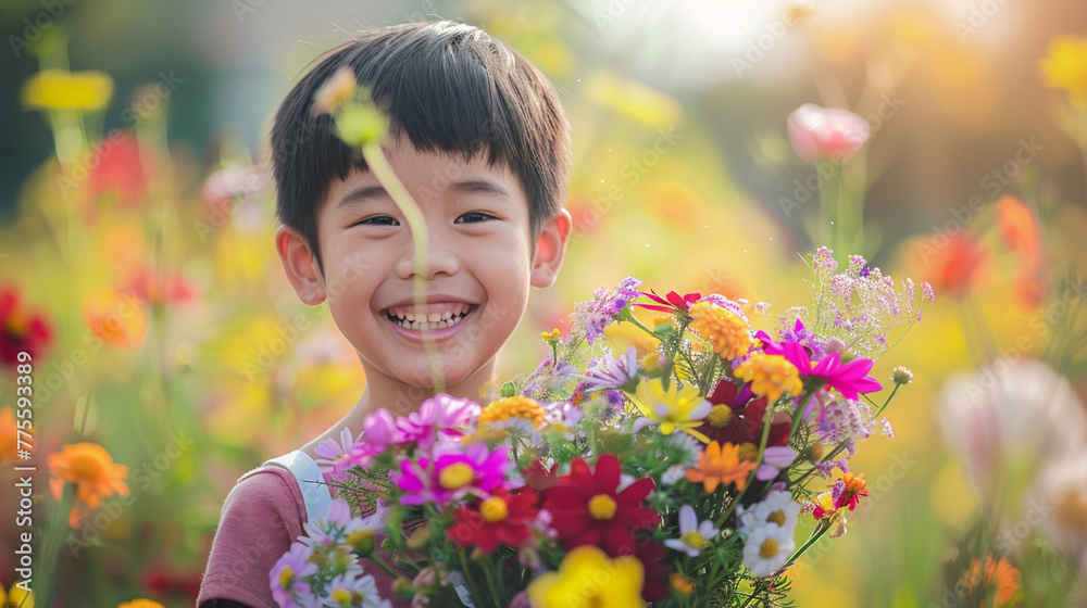 Happy, smiling kid with bunch of colorful flowers for mothers day or birthday celebration. Horizontal banner or background Happy, smiling kid with bunch of colorful flowers for mothers day or birthday celebration. Horizontal banner or background
