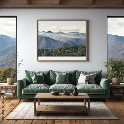 Modern living room interior with green sofa and mountain landscape painting © Adobe Contributor