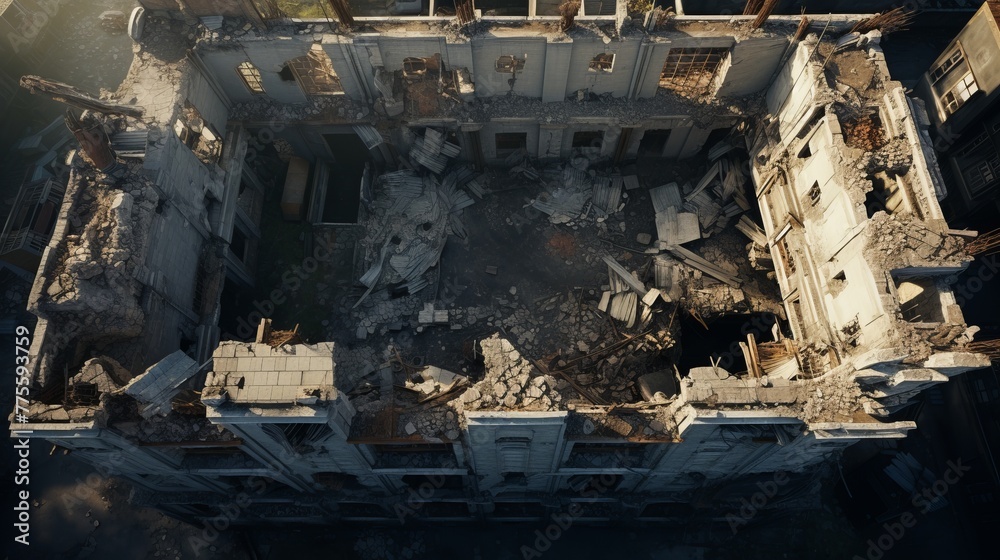 Aerial view of the ruins of a building in the city