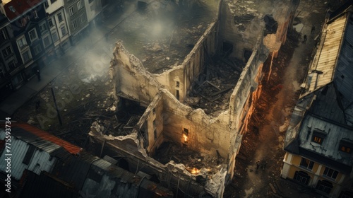 Aerial view of the ruins of a building in the city