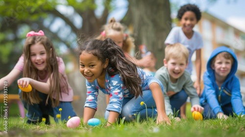 A group of happy children are playing with Easter eggs under a tree in the park, surrounded by green grass. They laugh and have fun, like characters in a cartoon AIG42E