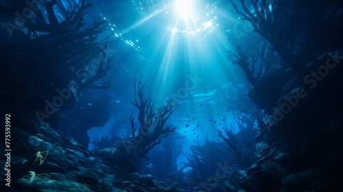 Underwater forest with a beautiful light ray shining through the water