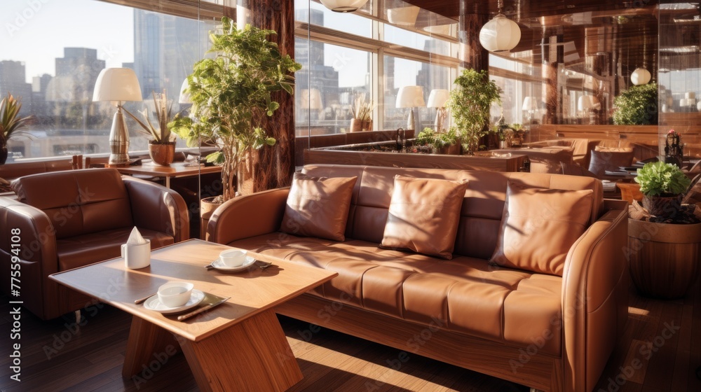 Luxurious restaurant interior with city view
