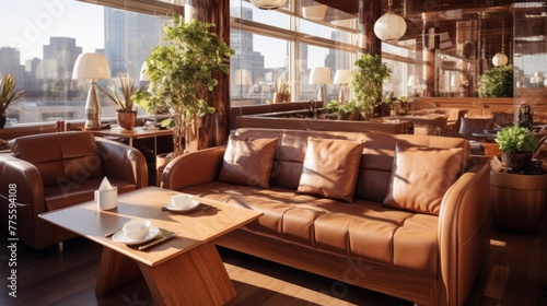Luxurious restaurant interior with city view © Adobe Contributor