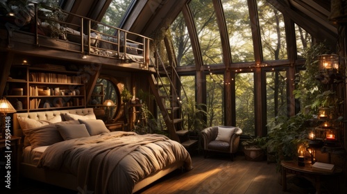 A cozy bedroom in a forest cabin