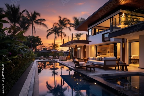 A luxurious villa with a pool and a view of the sunset © Adobe Contributor