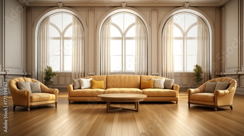 3D rendering of a classic living room interior with yellow furniture