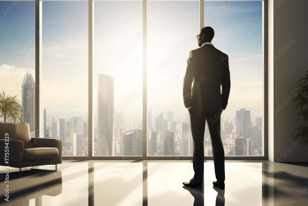 Businessman looking at the city from the office window Businessman looking at the city from the office window
