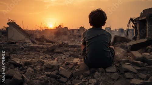 A sad child sits on the ruins of a building