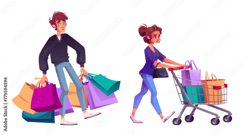 Fototapeta premium Couple shopping isolated on white background. Vector cartoon illustration of tired young man carrying many paper bags, happy woman walking with card full of purchases, black Friday sale, discounts