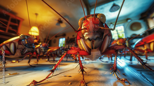 A close-up view of a large cockroach crawling on the ground photo