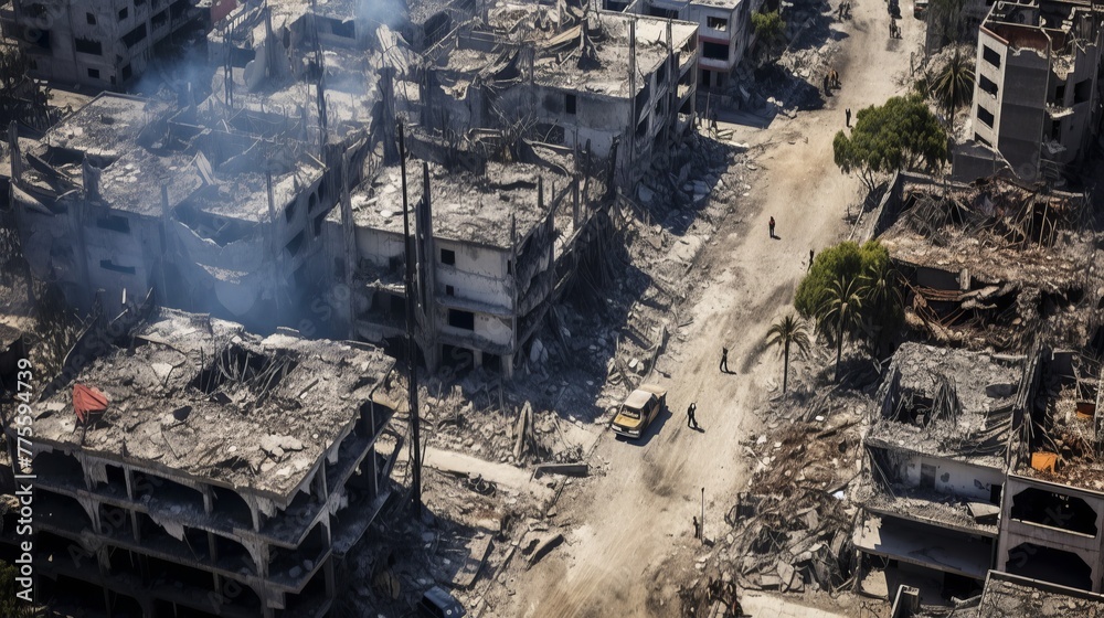 Aerial view of destroyed buildings in the Gaza Strip after an explosion