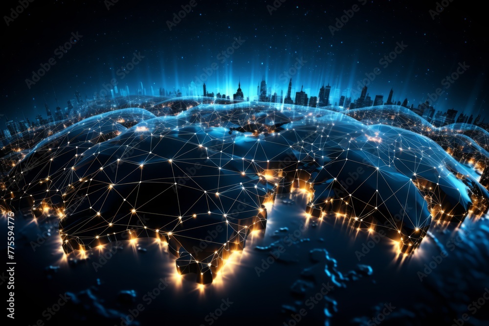 A digital illustration of a glowing blue and yellow globe with a network of connections.