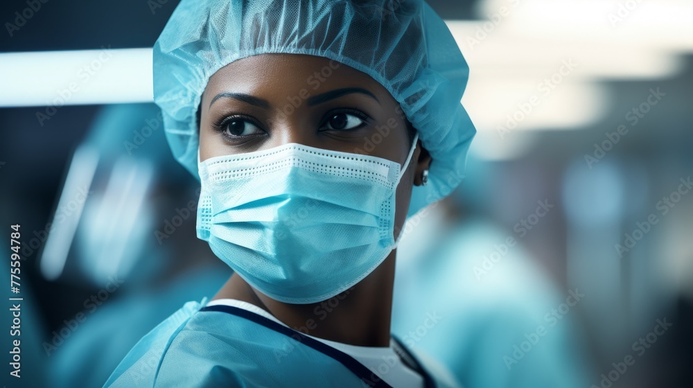 A black female surgeon wearing a surgical cap and mask looks thoughtfully to the side