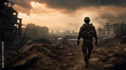 Israeli soldier walking in destroyed city