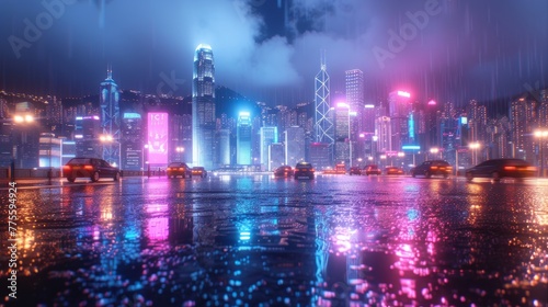 Cityscape of Hong Kong with neon lights reflecting off the wet road
