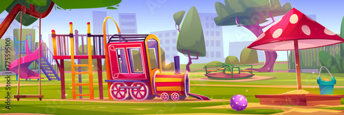Playground in morning summer city park. Vector cartoon illustration of town district with apartment buildings and trees, swing, carousel, wooden train and toys in sandbox, green lawn, blue sunny sky
