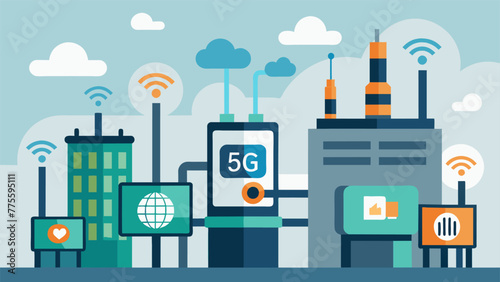 A group of handheld IoT devices are captured in closeup all bearing a 5G logo and connected to the factorys network. These devices enable