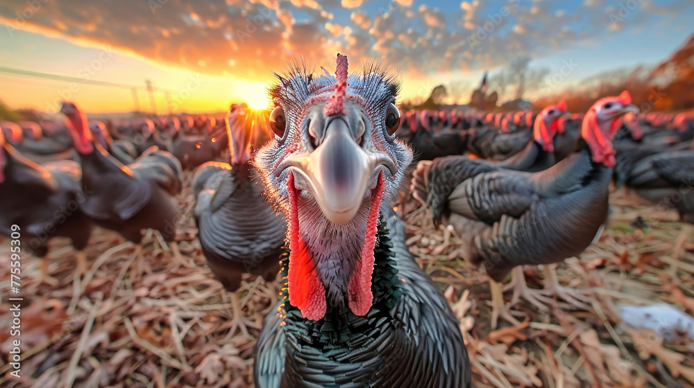 A large group of turkeys, with vibrant plumage, standing proudly in a vast field under the open sky