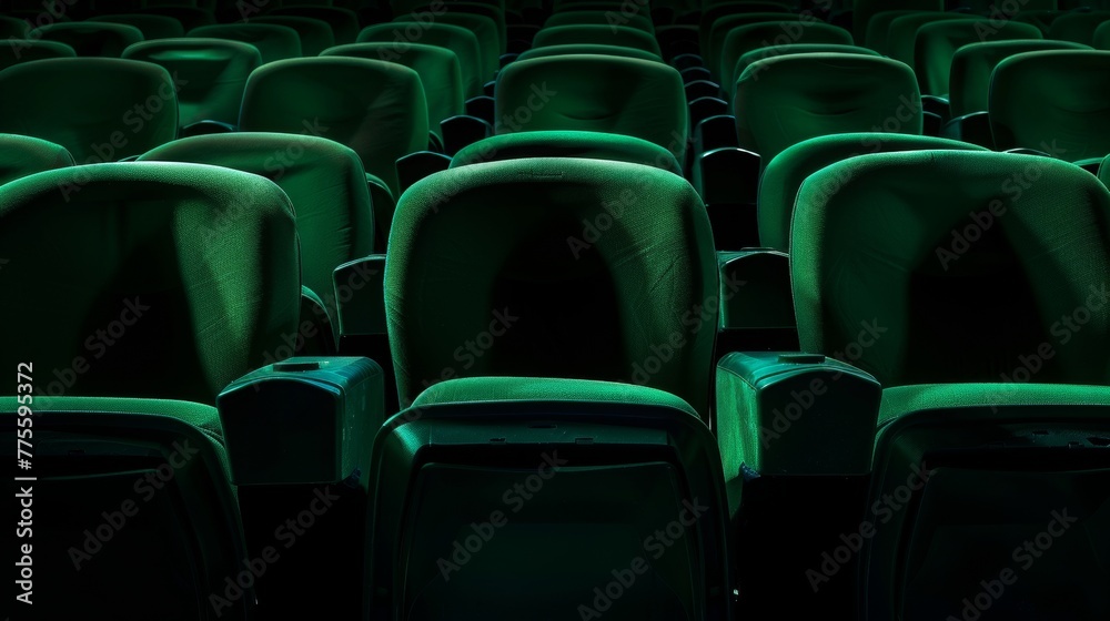 Fototapeta premium Green soft chairs in the stands of an empty cinema