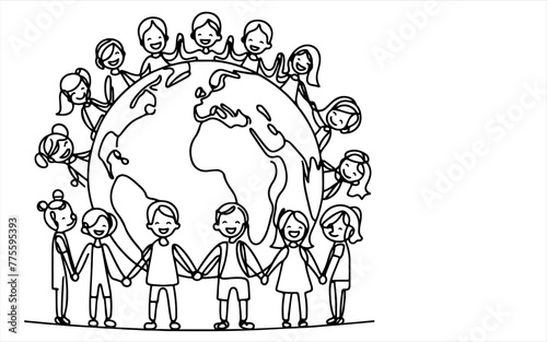 Continuous one line drawing smiling children holding hands around the world outline doodle linear happy children day concept vector on white