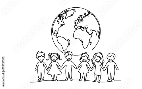 Continuous one line drawing smiling children holding hands around the world outline doodle linear happy children day concept vector on white