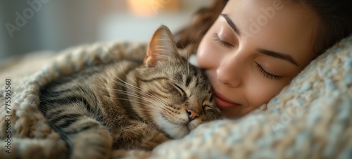 cute cat cuddle sleeping in owner's arms, Cat lover adorable pet animal portrait, Generative Ai