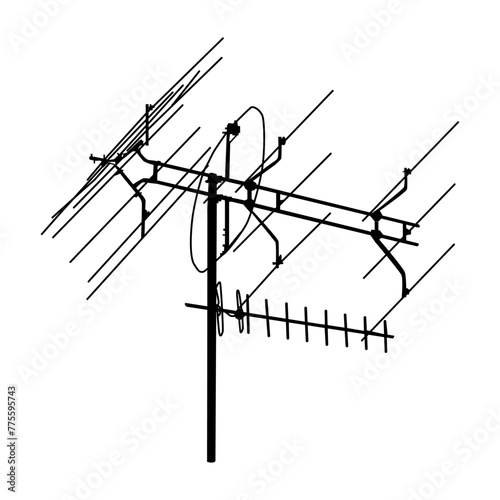 Television antenna icon isolated on white background. Silhouette of television aerial. Outdoor Tv antenna sign or symbol. Television rooftop antenna. Technology concept. Stock vector illustration photo