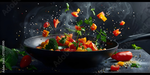 
Fresh organic vegetarian soup with chili pepper and garlic seasoning, A wok cooking fresh stir fry vegetables photo