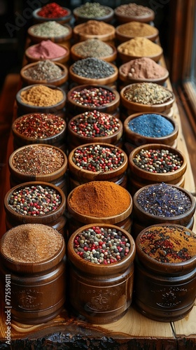 Spice Racks Enrich Recipes with Global Flavors in Business of Culinary Arts © Interior Stock Photo