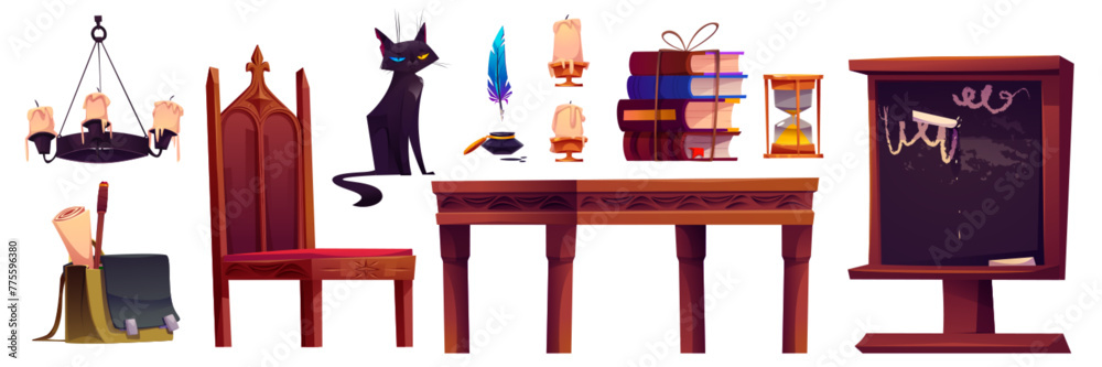 Obraz premium Magic school room with wizard book cartoon game. Halloween medieval magician castle interior object set. Fantasy desk, chair and chalkboard. Black cat, candle and mystery feather staff for spell