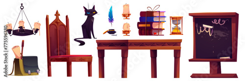 Magic school room with wizard book cartoon game. Halloween medieval magician castle interior object set. Fantasy desk, chair and chalkboard. Black cat, candle and mystery feather staff for spell © klyaksun